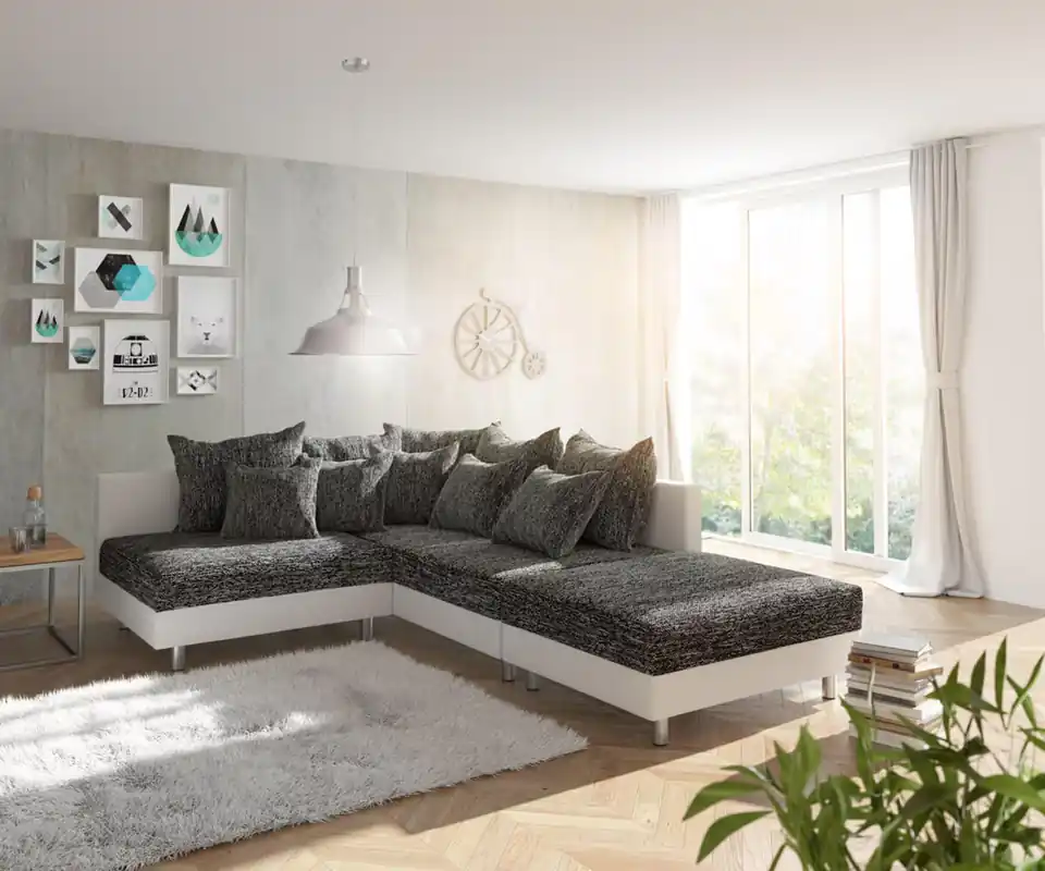 Must-Have Hoekbank Clovis wit zwart met hocker ottomane rechts modulair