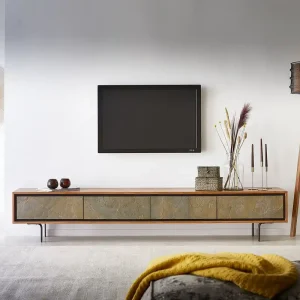 Actieprijs Tv-meubel Juwelo 220 cm acacia natuur steen fineer metaal zwart