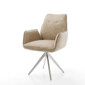 Tijdelijk Beschikbaar Eetkamerstoel Zoa-Flex microvelours beige vintage kruisframe hoekig roestvrij staal pocketveer kern