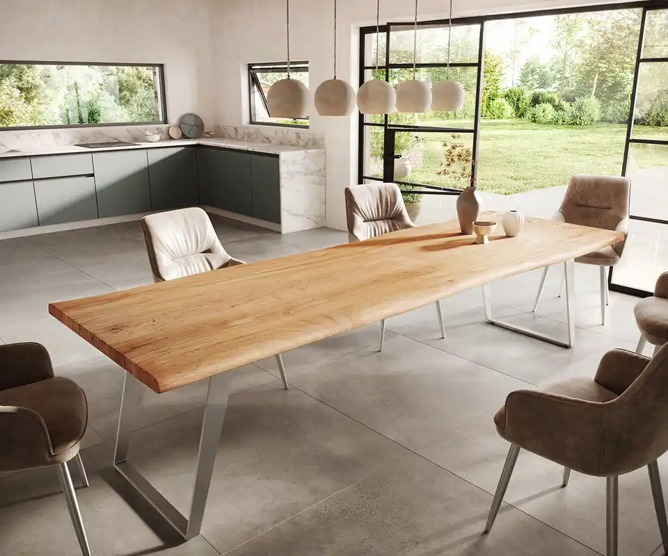 Actieprijs Eettafel Edge 300x100cm acacia natuur roestvrijstaal zilver schuin
