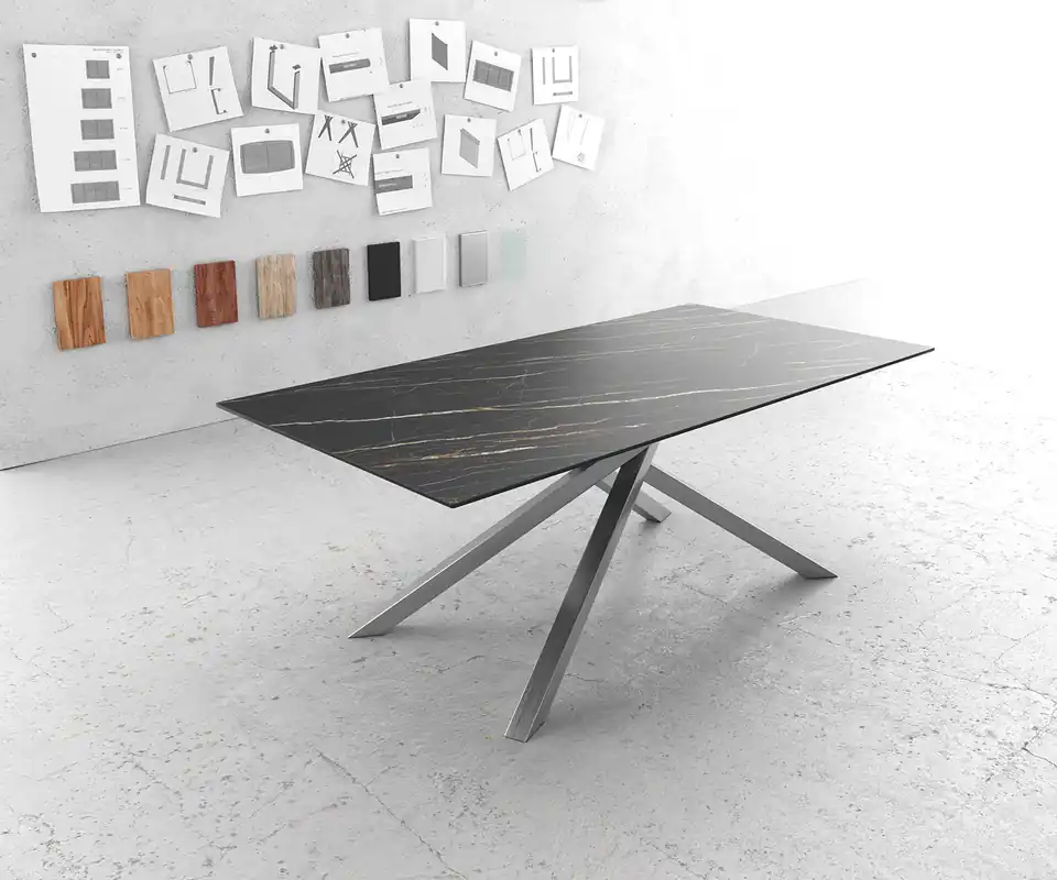 Eettafel Edge 200x100cm Laminam® keramiek bruin middenpoot kruis zilver Premium