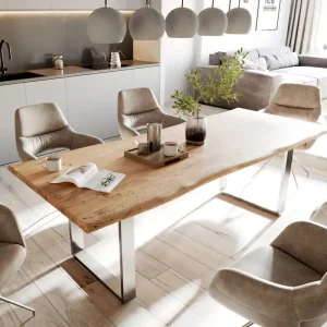 Aanbieding Eettafel Edge 240x100cm acacia natuur roestvrijstaal smal