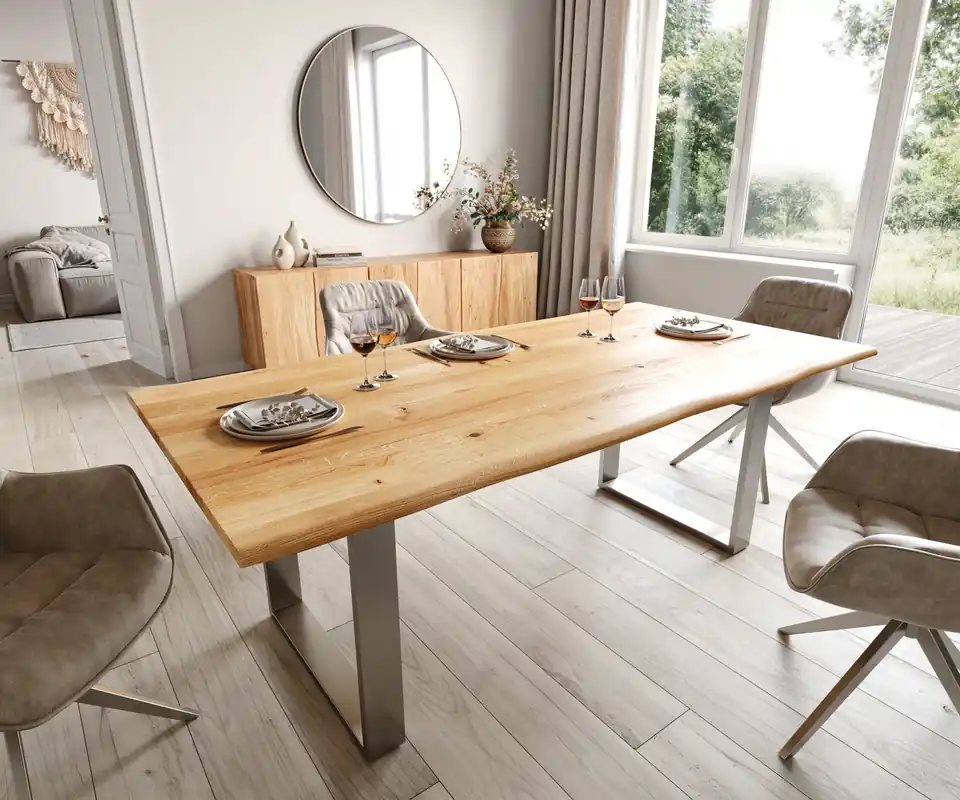 Eettafel Edge 200x100x2,5-3 eiken natuur roestvrijstaal smal Nieuw
