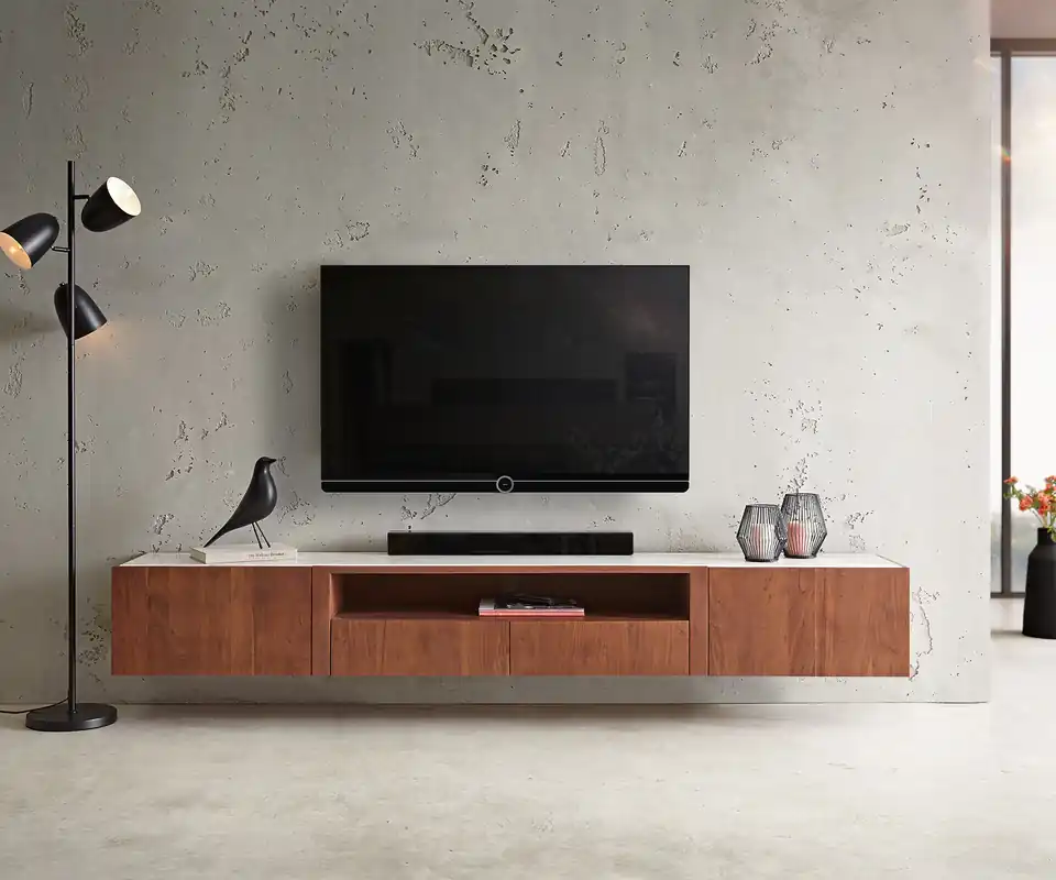 TV-meubel Secara 220 cm acacia bruin 2 deuren 2 laden marmer zwevend Lage Kosten