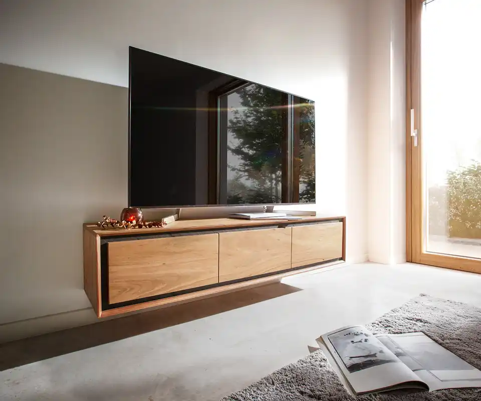 Aanbieding Tv-meubel Stonegrace 145 cm acacia natuur 3 deuren steen fineer zwevend