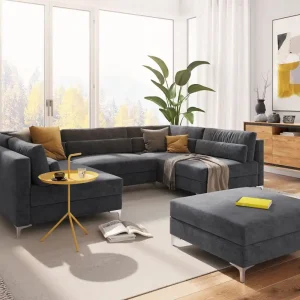 Woonlandschap Elio 300x185 cm microvezel grafiet met poef Betrouwbaar