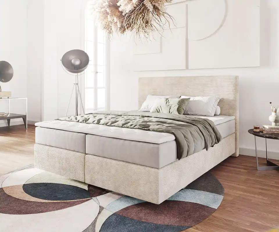 Koop Online Boxspringbed Dream-Well 160x200 cm Cord Beige met Pocketveringmatras en Topper Visco