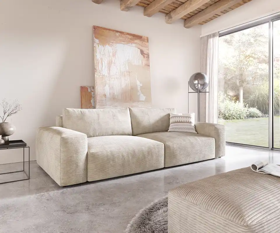 Actieprijs Big-sofa Lanzo XL 270x130 cm corduroy beige met poef