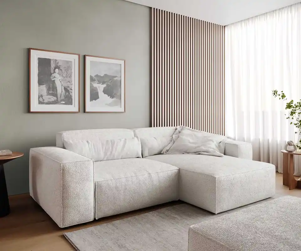 Laatste Kans Hoekbank Sirpio 230x155 cm bouclee cream-white recamiere variabel met kruk
