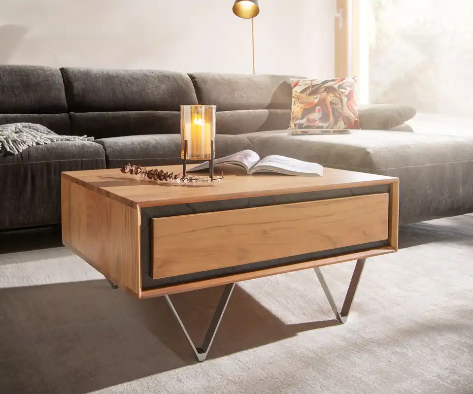 Actieprijs Salontafel Stonegrace 80x60 acacia natuur 2 laden steen fineer V-poot