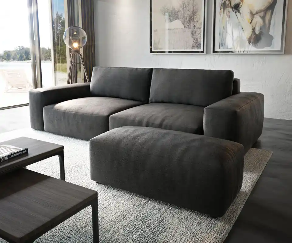 Big-sofa Lanzo XL kunstleer vintage antraciet 270x130 cm met poef Koopje