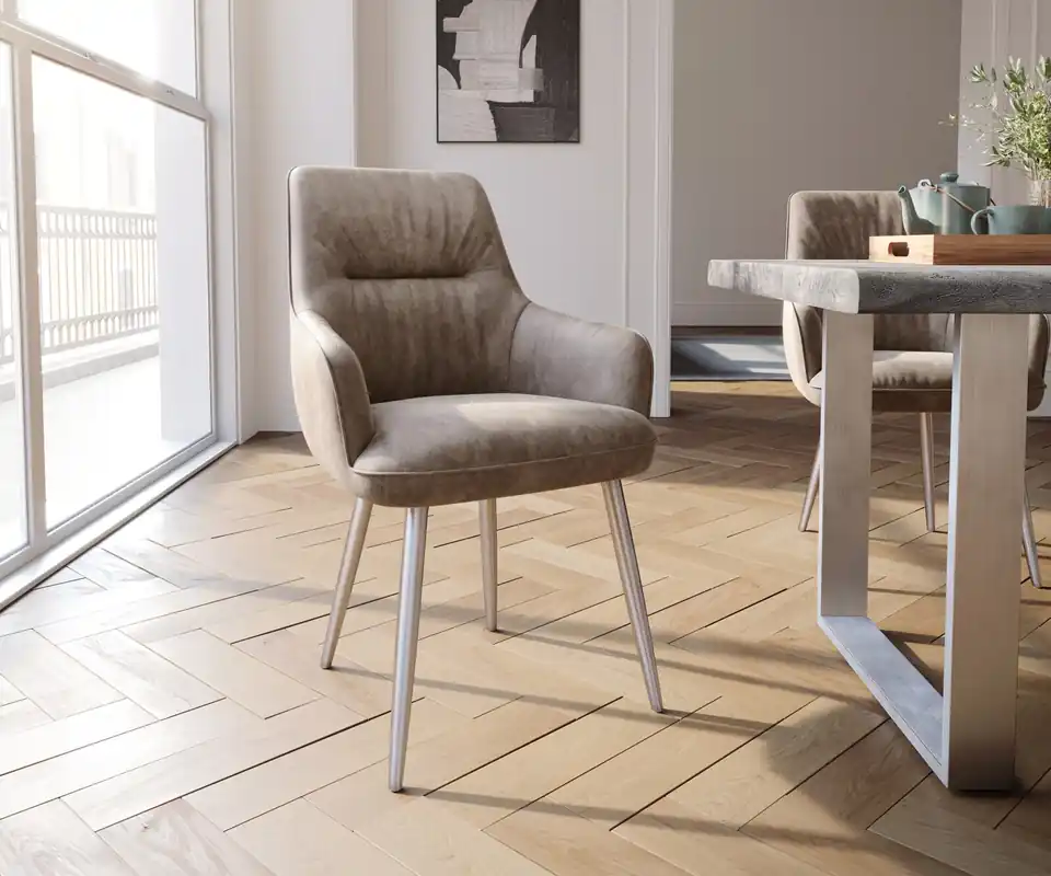 Eetkamerstoel Zelia-Flex met armleuning microvelours taupe vintage 4-poot conisch roestvrij staal pocketveer kern Favoriet
