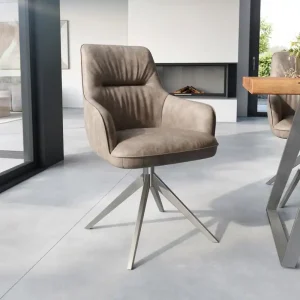 Superprijs Eetkamerstoel Zelia-Flex met armleuning microvelours taupe vintage kruisframe breed roestvrij staal pocketveer kern