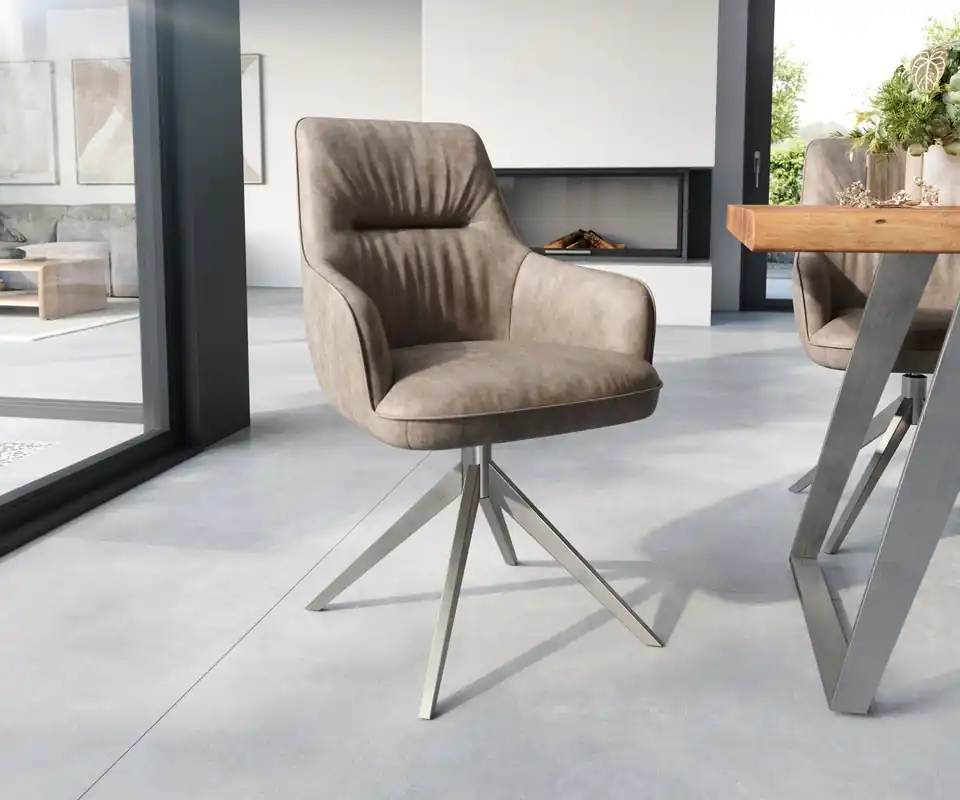 Superprijs Eetkamerstoel Zelia-Flex met armleuning microvelours taupe vintage kruisframe breed roestvrij staal pocketveer kern