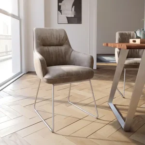 Lage Kosten Eetkamerstoel Zelia-Flex met armleuning microvelours taupe vintage slipframe roestvrij staal pocketveer kern