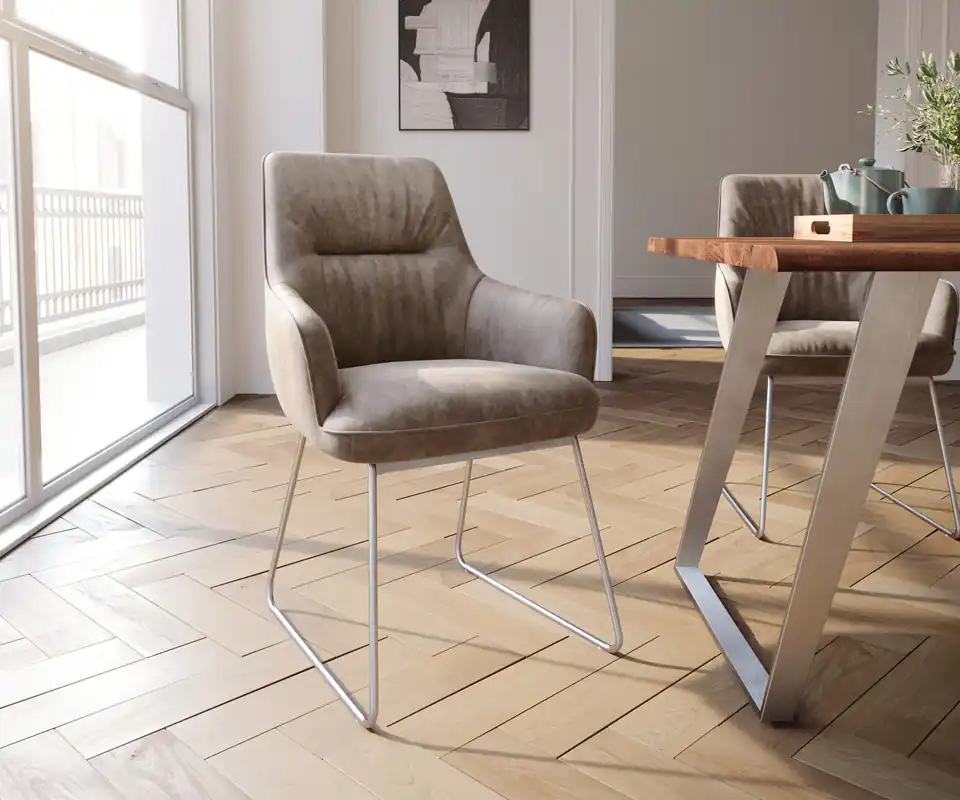 Lage Kosten Eetkamerstoel Zelia-Flex met armleuning microvelours taupe vintage slipframe roestvrij staal pocketveer kern