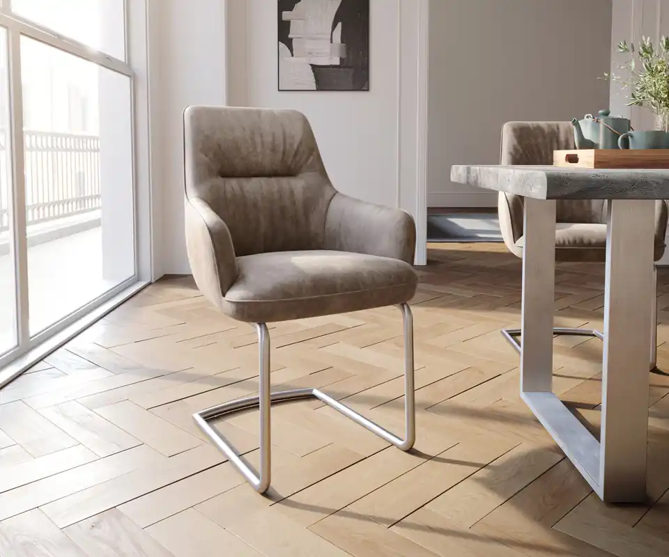 Seizoensaanbieding Sledemodel Zelia-Flex met armleuning microvelours taupe vintage sledemodel rond roestvrij staal pocketveer kern