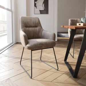 Eetkamerstoel Zelia-Flex met armleuning microvelours taupe vintage slipframe zwart pocketveer kern Betrouwbaar