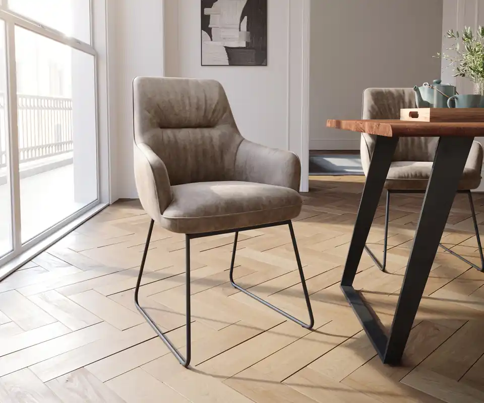 Eetkamerstoel Zelia-Flex met armleuning microvelours taupe vintage slipframe zwart pocketveer kern Betrouwbaar
