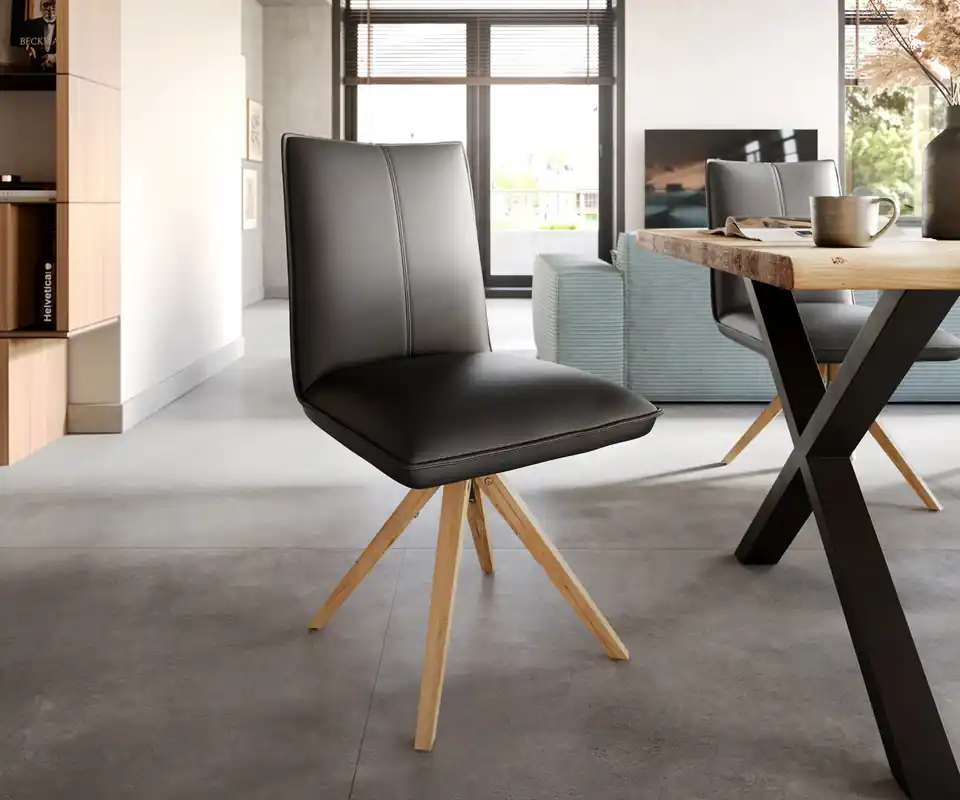 Direct Beschikbaar Eetkamerstoel Lelio-Flex echt leer zwart houten frame hoekig natuur 360° draaibaar pocketveer kern