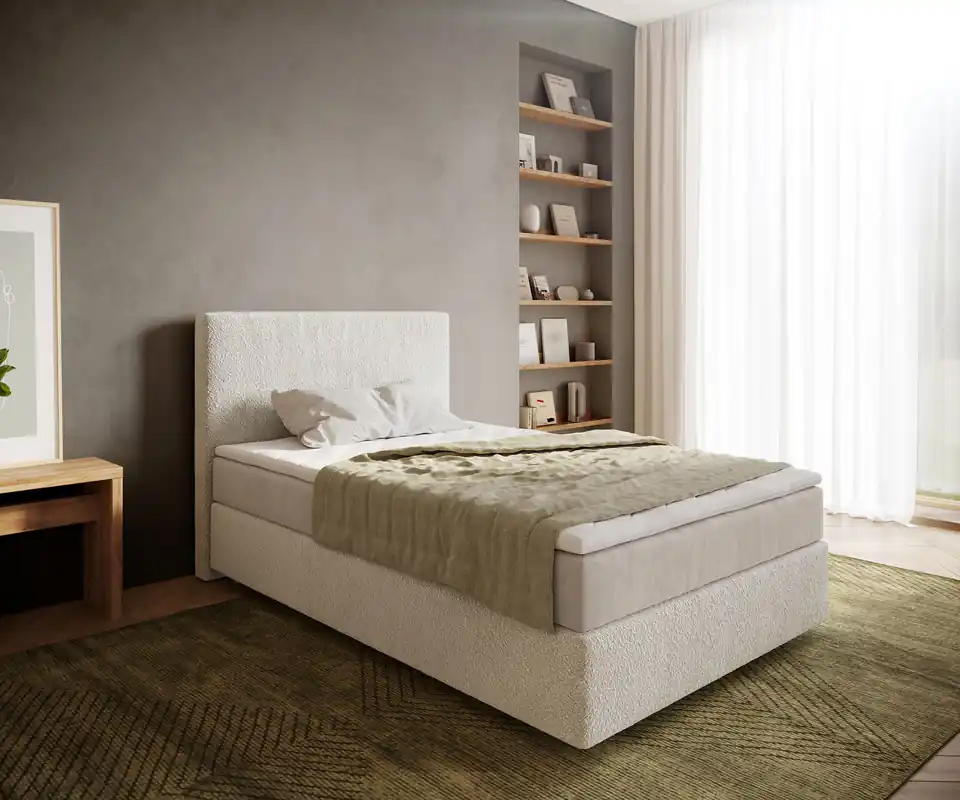 Betaalbaar Boxspringbed Dream-Well 120x200 cm Bouclé Crème-Wit met Pocketveringmatras en Topper Visco