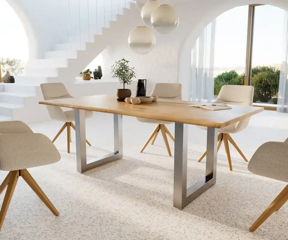 Betaalbaar Eettafel Edge 200x100x2,5-3 eiken natuur roestvrijstaal breed