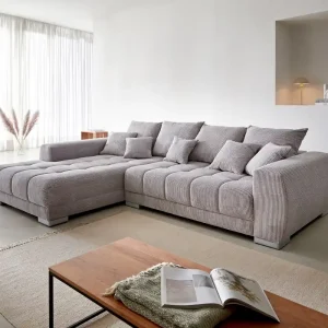 Bank Josea Cord zilvergrijs 300x220 cm voetenbank links hoekbank Betaalbaar