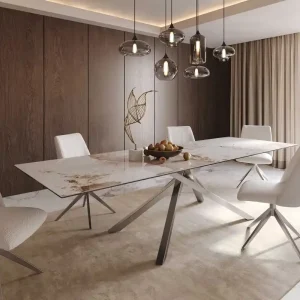 Actieprijs Eetkamertafel Edge 300x100 keramiek Minas Melange wit-beige kruisframe rechthoek RVS