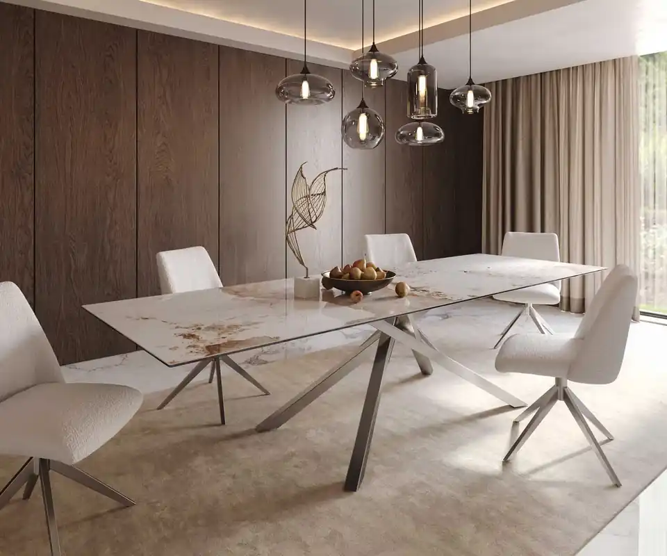 Actieprijs Eetkamertafel Edge 300x100 keramiek Minas Melange wit-beige kruisframe rechthoek RVS