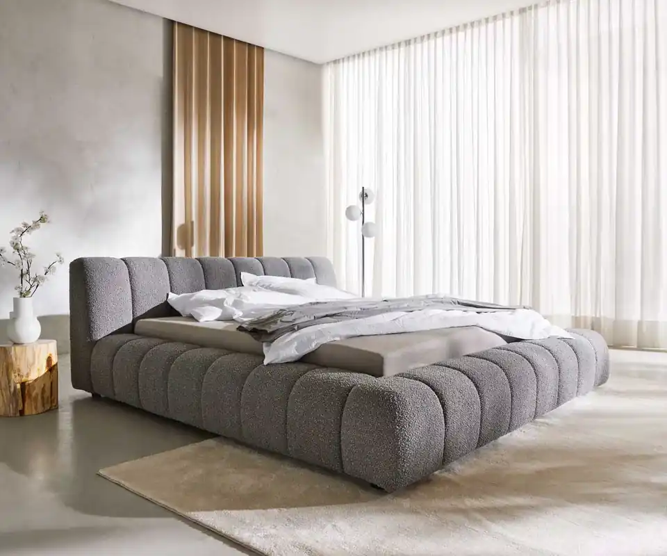 Gestoffeerd bedframe Cutio 180x200 cm Bouclé zilvergrijs Premium