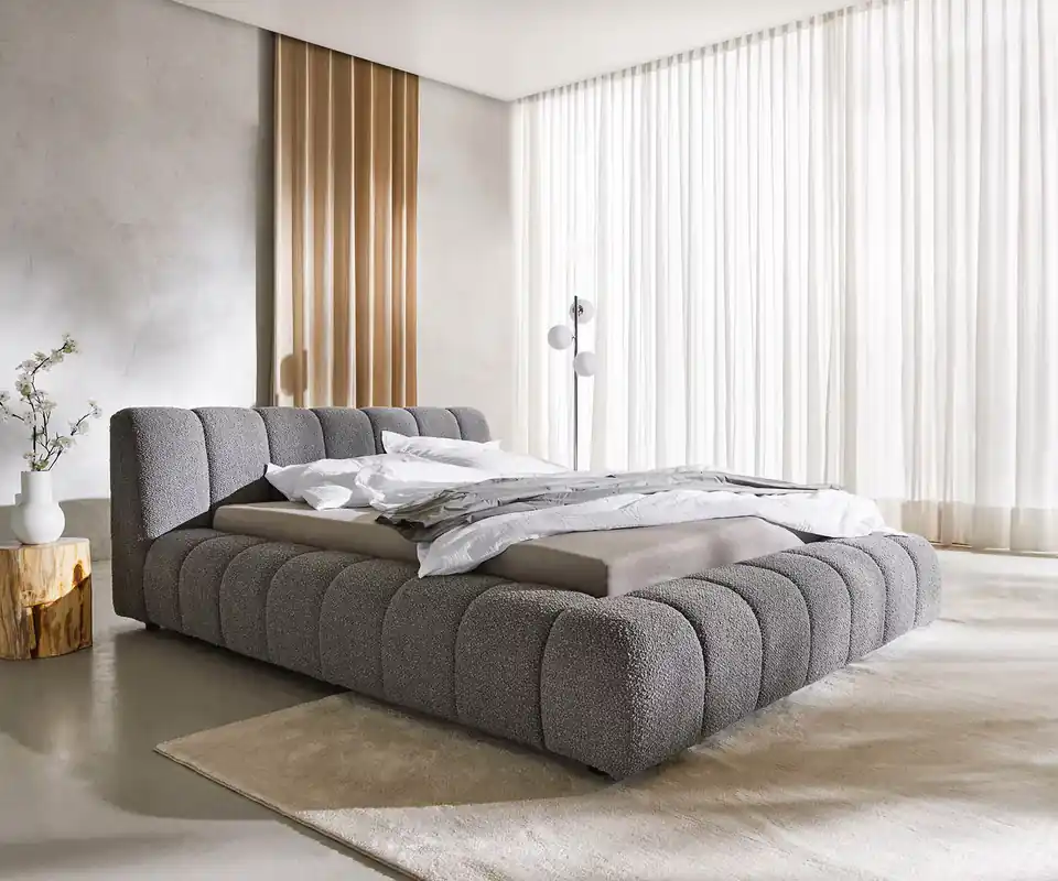 Betrouwbaar Bedframe Cutio 140x200 cm bouclé zilvergrijs gestoffeerd bedframe