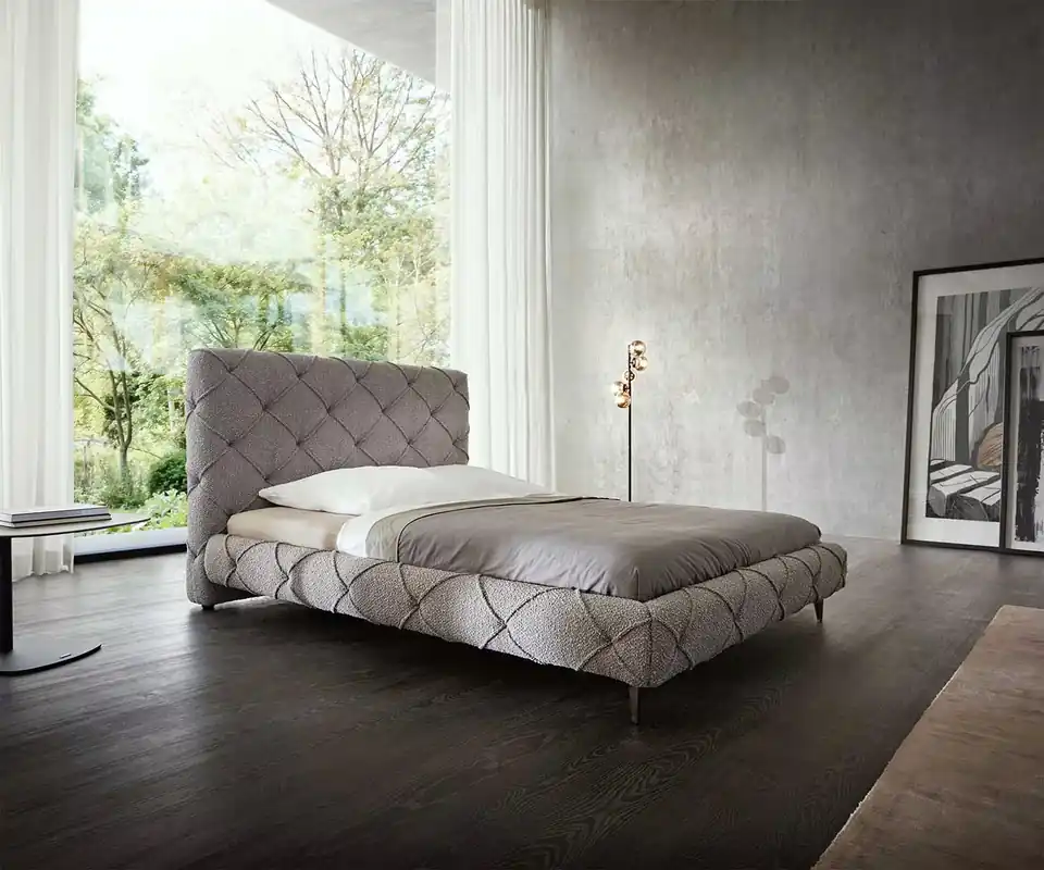 Bedframe Nayara 140x200 cm bouclé zilvergrijs gestoffeerd Exclusieve Aanbieding