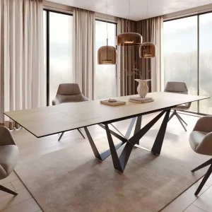 Beste Prijs Eetkamertafel Edge 200-300x100 keramiek Laminam® Sabbia eiken kleur spider vlak staal zwart uitschuifbaar