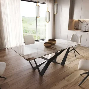 Actieprijs Eetkamertafel Edge 200x100 keramiek Minas Melange wit-beige spider vlak staal zwart