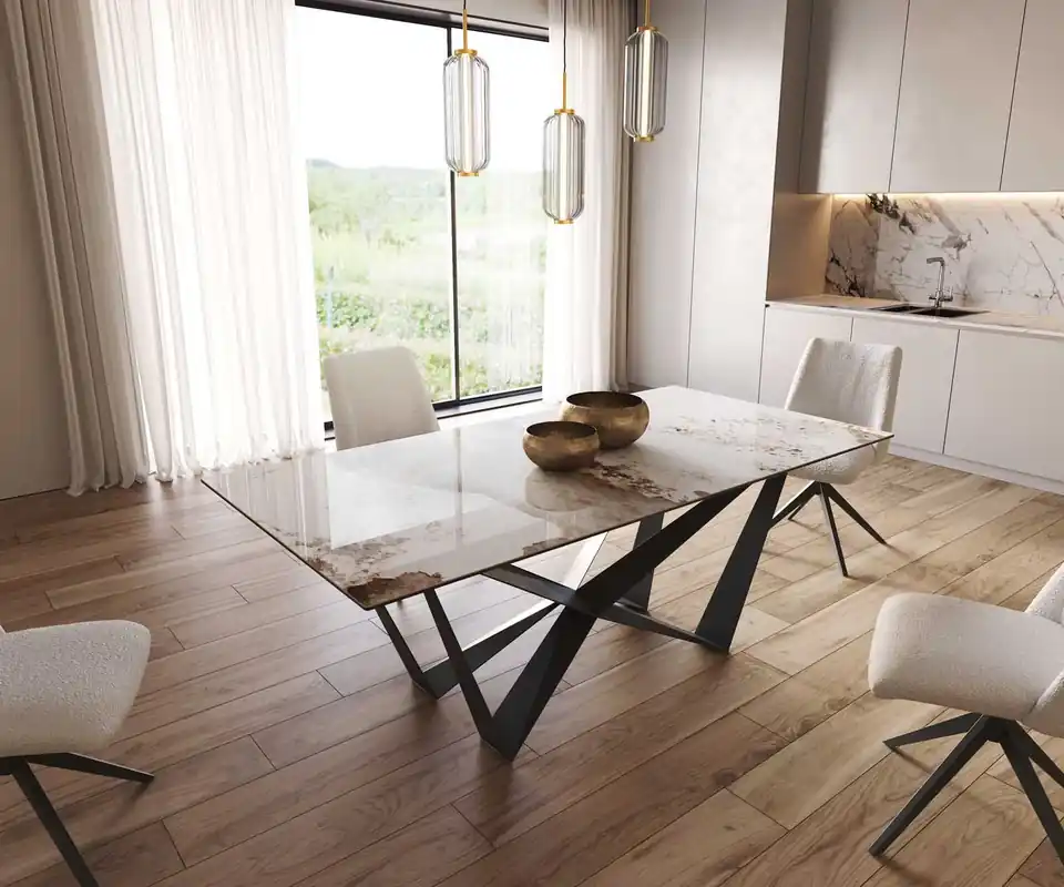 Actieprijs Eetkamertafel Edge 200x100 keramiek Minas Melange wit-beige spider vlak staal zwart