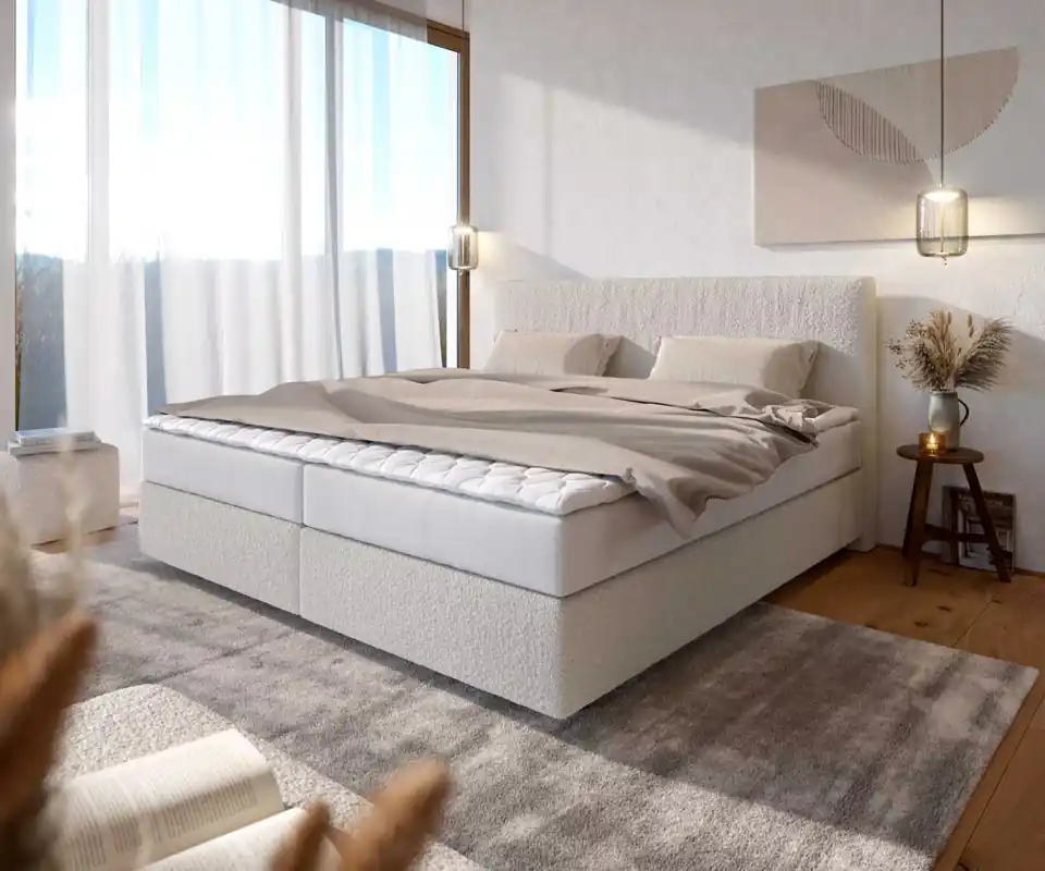 Snelle Levering Boxspringbed Dream-Well Bouclé crèmewit 200x200 cm met pocketveringmatras en Visco topper