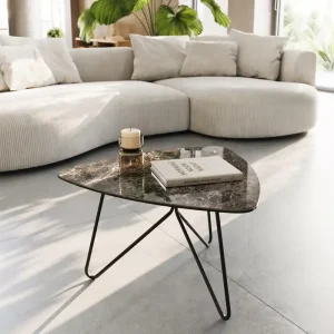 Weekendaanbieding Woonkamertafel Ekrem 65x65 cm keramiek Emperador extra Lucidato donkerbruin Hairpin metaal zwart