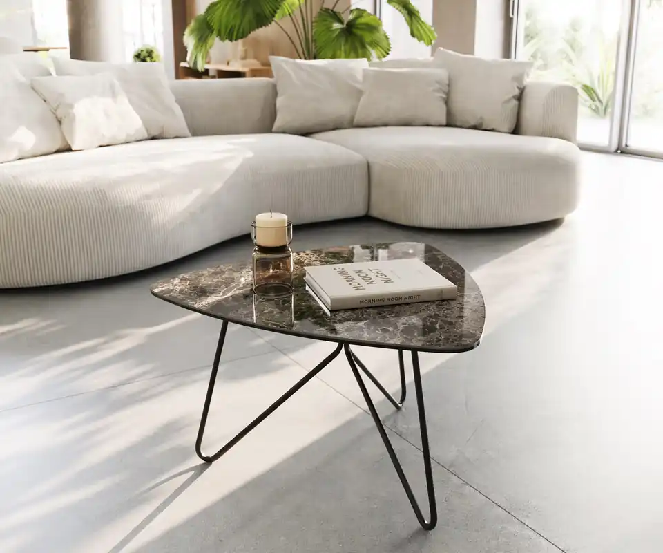 Weekendaanbieding Woonkamertafel Ekrem 65x65 cm keramiek Emperador extra Lucidato donkerbruin Hairpin metaal zwart