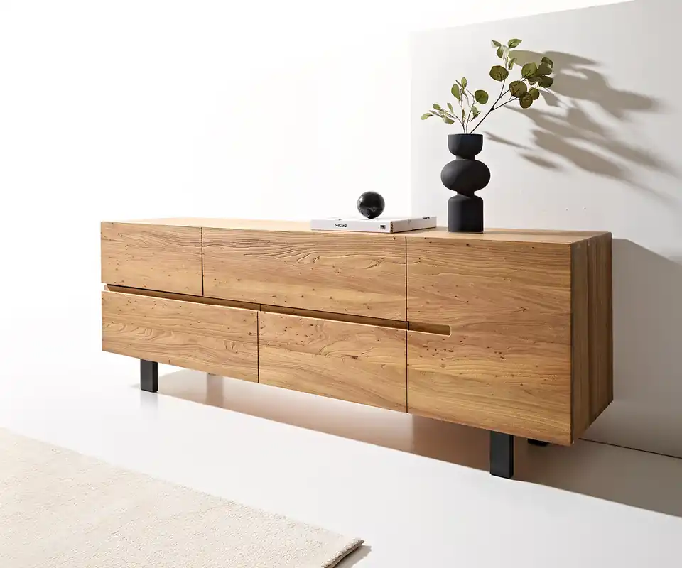 Hete Deal Dressoir Tiamar 180 cm iepenhout natuur 1 deur 4 laden vierkante metalen poten zwart