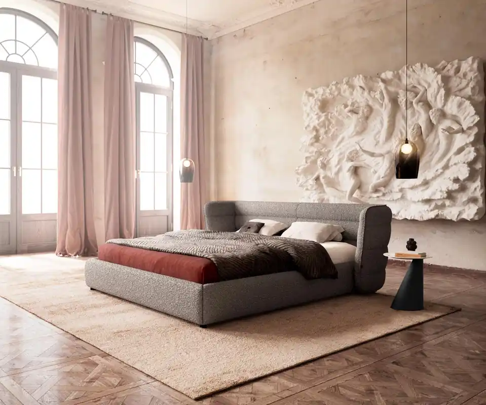 Tijdelijk Beschikbaar Gestoffeerd bedframe Simea 180x200 cm Bouclé zilvergrijs
