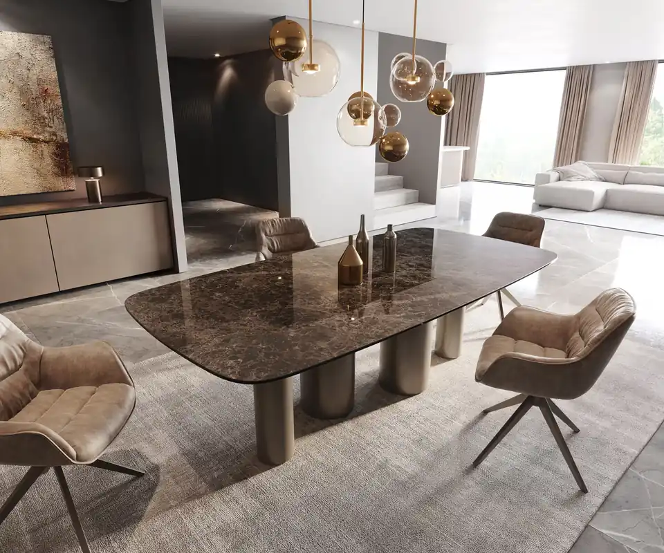 Aanbieding Eettafel Edge Boot Keramiek Emperador Extra Lucidato Donkerbruin 240x120 Pilier Metaal effectafwerking Titanium