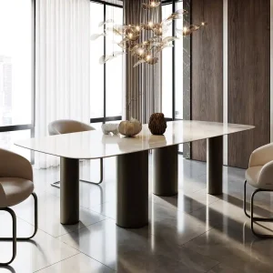 Aanbieding Eetkamertafel Edge Boot 270x120 keramiek Iris FMG Onice Grigio Pilier metaal effectafwerking titaan