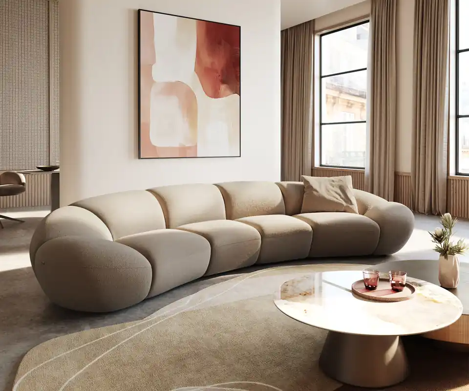 Grote sofa Lunna 360x175 cm Bouclé natuur 2 kussens Beperkte Voorraad