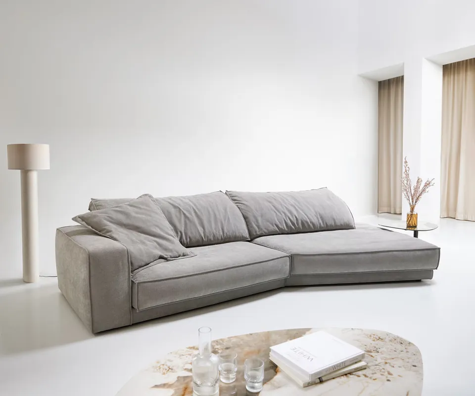 Fabrieksprijs Big- Sofa Snoosh 400x150 cm vlakgeweven grijs Recamiere rechts