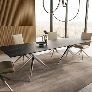 Actieprijs Eetkamertafel Edge 300x100 keramiek Laminam®Noir Desir bruin Estelar rond roestvrij staal