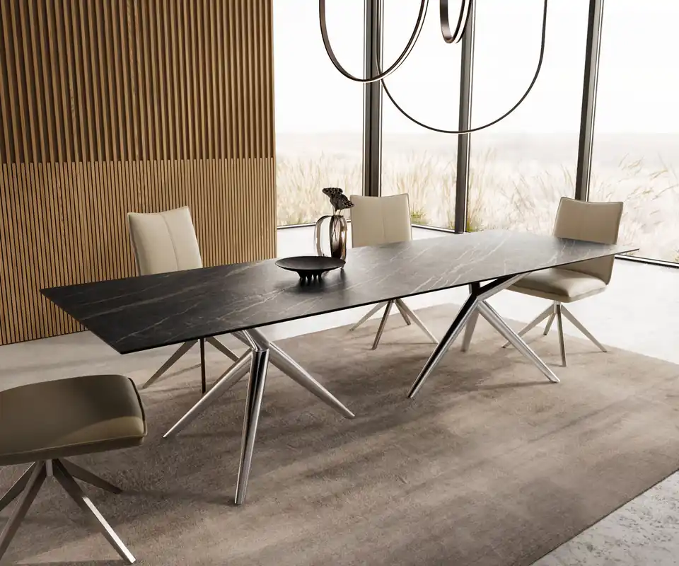 Actieprijs Eetkamertafel Edge 300x100 keramiek Laminam®Noir Desir bruin Estelar rond roestvrij staal