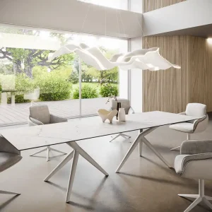 Actieprijs Eetkamertafel Edge 300x100 keramiek Laminam®Statuarietto wit Estelar rond metaal wit
