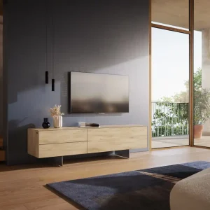 Weekendaanbieding Tv-meubel Cuor 180 cm Keramiek Laminam® Sabbia Eiken gekleurd 1 Flap 2 Laden Zwevende voet look Roestvrij staal