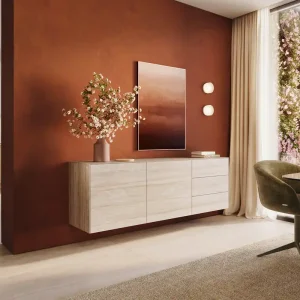 Beste Prijs Dressoir Cuor 180 cm Keramiek Laminam® Travertino Bianco Crème-wit 2 Deuren 3 Laden Zwevend