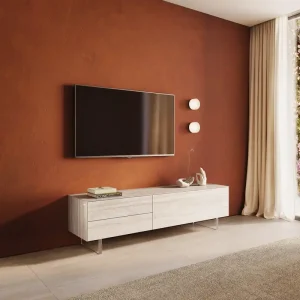 Bestseller Tv-meubel Cuor 180 cm Keramiek Laminam® Travertino Bianco Crème-wit 1 Flap 2 Laden Zwevende voet look Acrylglas